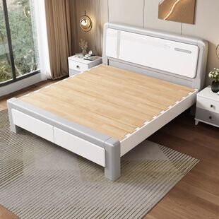 Full solid wood bed mortise and tenon joint master bedroom double bed full bed board Nordic double color small apartment storage solid wood bed wedding bed