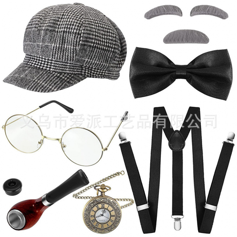 Cross-Border British Retro Peaked Cap, Beard Pipe, Pocket Watch, Beret, Men's Theme Party Grandpa Suit