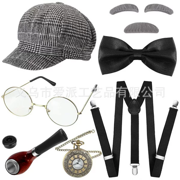 Cross-Border British Retro Peaked Cap, Beard Pipe, Pocket Watch, Beret, Men's Theme Party Grandpa Suit
