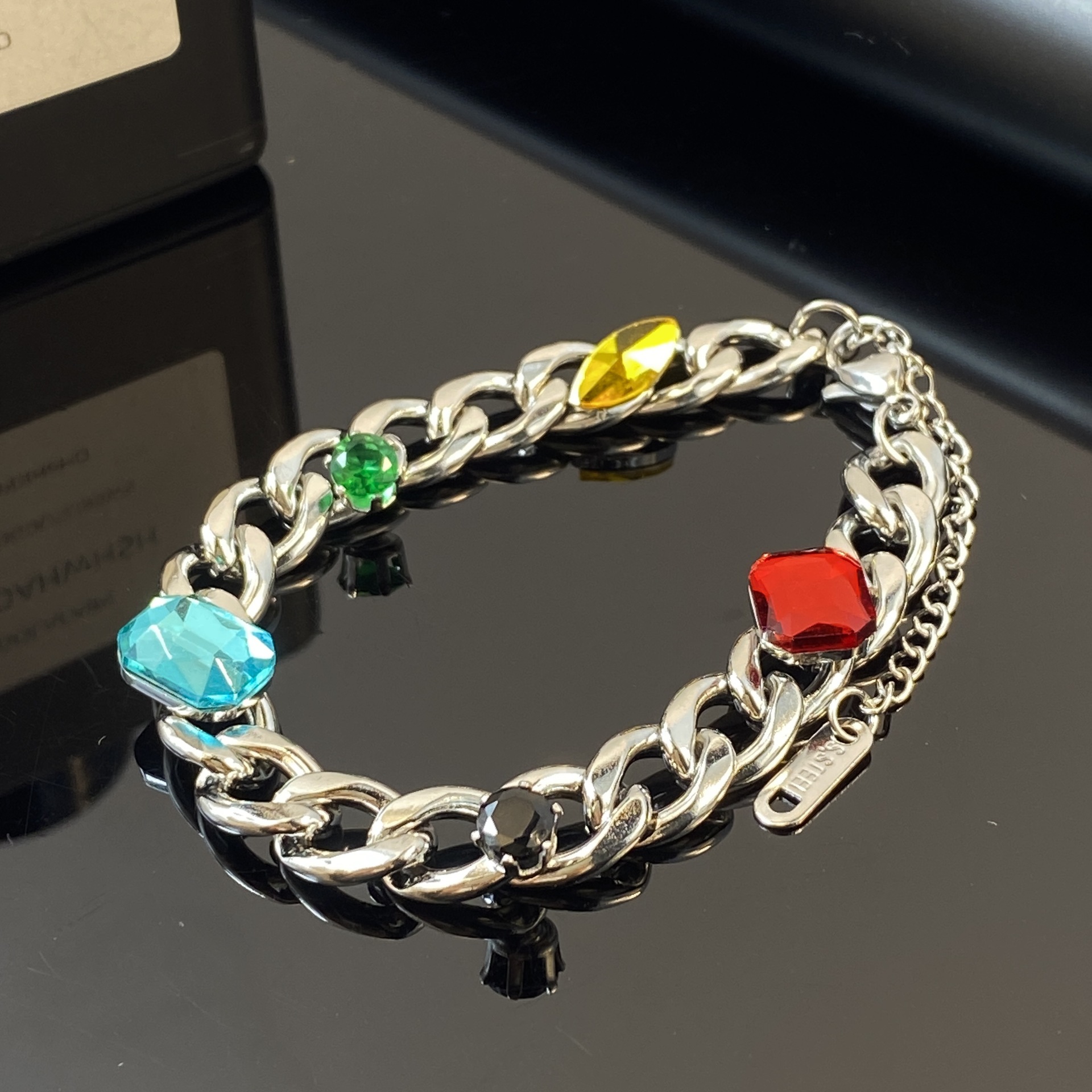 Pulsera de acero de titanio con gemas de alta calidad de estilo callejero americano, preservación del color, hip-hop cubano, cadena gruesa, par, pulsera de todo fósforo