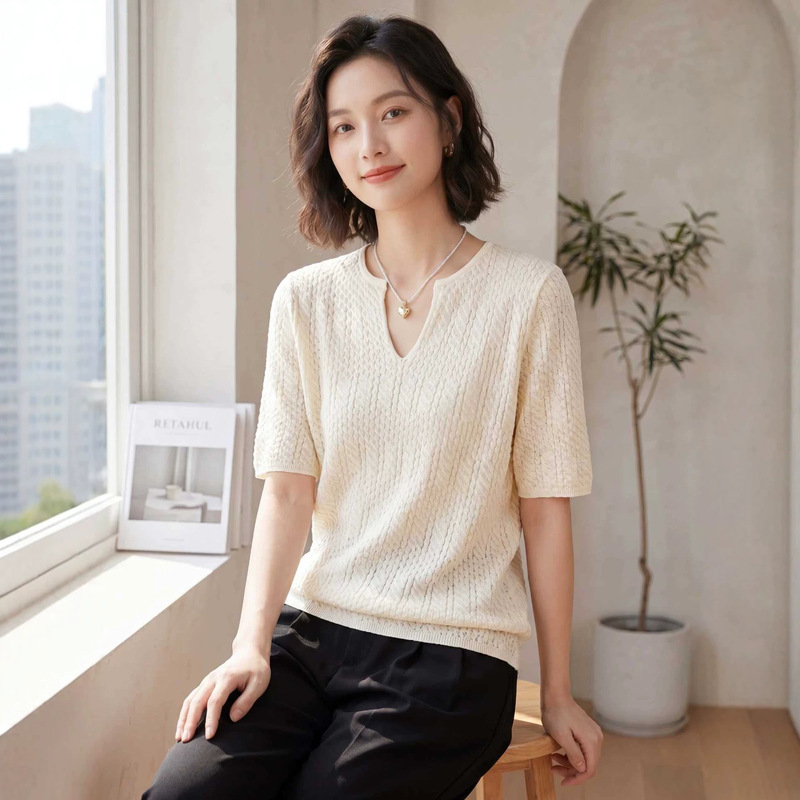 26 New Summer Style Worsted Wool Scissor-Neck Short-Sleeved Knitwear for Women, Cut Out Breathable Loose Textured Top