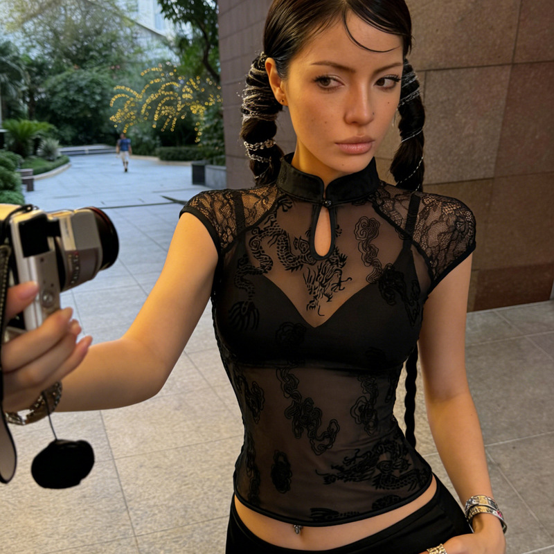 Chinese-style dragon-pattern embroidered thin mesh top with cheongsam collar, hollowed-out short sleeves, slim-fit, sexy casual T-shirt for hot girls