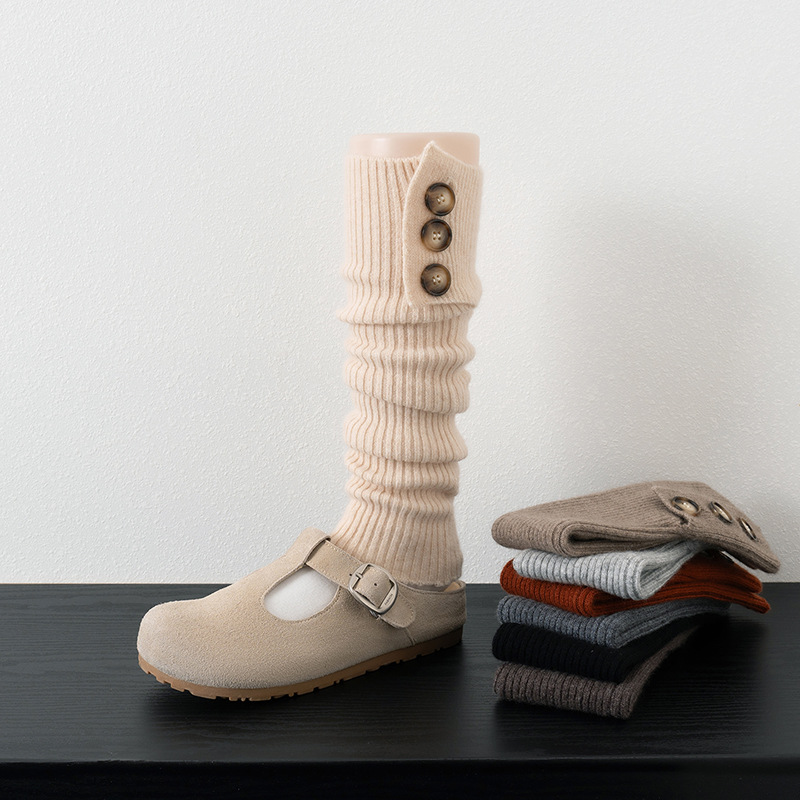 Cashmere knitted buttoned leg warmers for women, spring and autumn, coffee-colored leg warmers, warm stacked socks, mid-calf woolen gray leg socks