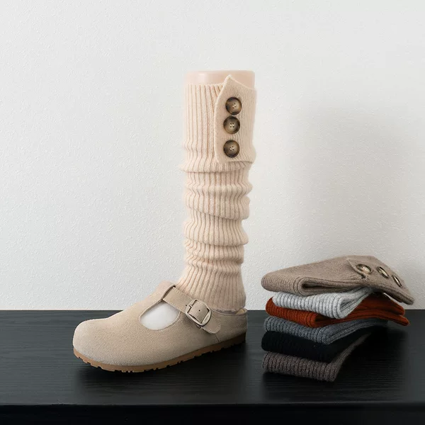 Cashmere knitted buttoned leg warmers for women, spring and autumn, coffee-colored leg warmers, warm stacked socks, mid-calf woolen gray leg socks