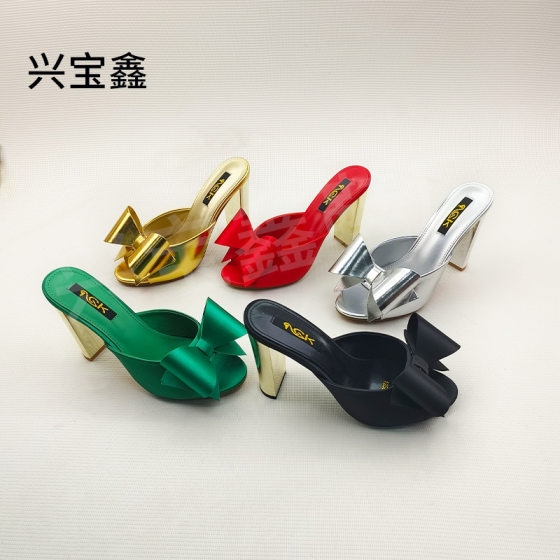 Cross-border Fashion Shoes 2025 Spring New Open Toe Bow Thick Heel High Heel Slippers Advanced Sense Bursting Age