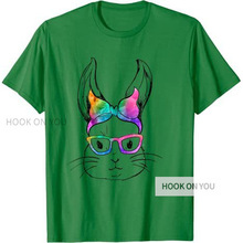 欧美新款可爱的兔子脸扎染眼镜女孩复活节快乐 外贸T 恤黄色白色