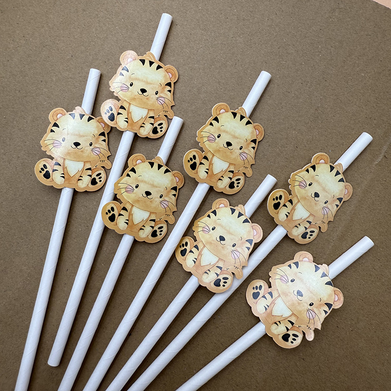 Jung Sen temático animal tigre tarjeta paja desechable postre fiesta decoración papel paja