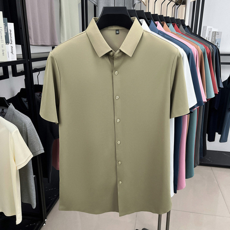 Camisa de manga corta para hombre 2025 verano blusa delgada media manga casual de seda de hielo sin costuras para hombre camisa de lino de seda de morera