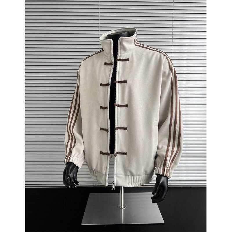 New Style Stand Collar Striped Knit Cardigan for Women, Trendy Brand Loose-Fitting Chinese Style Button-Up Jacket, Versatile Fashion Jacket for Spring and Autumn New Style Stand Collar Striped Knit Cardigan for Women, Trendy Brand Loose-Fitting Chinese Style Button-Up Jacket, Versatile Fashion Jacket for Spring and Autumn
