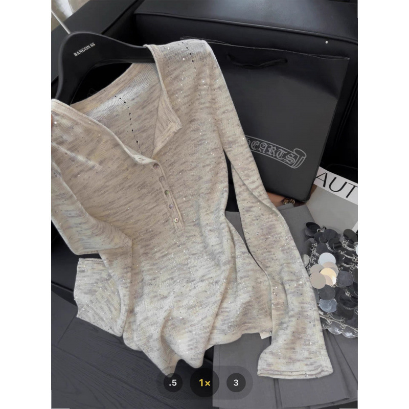 Sequined Fancy Waist Slimming Look Knitted Top 2025 New Style Versatile Long Sleeves 3911