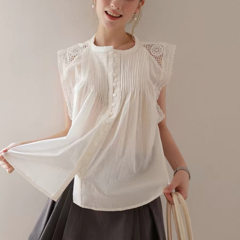 White Loose Pleated Lace Button-Down Round-Neck Shirt for Women, 2026 New Model, This Year's Trendy New Top White Loose Pleated Lace Button-Down Round-Neck Shirt for Women, 2026 New Model, This Year's Trendy New Top