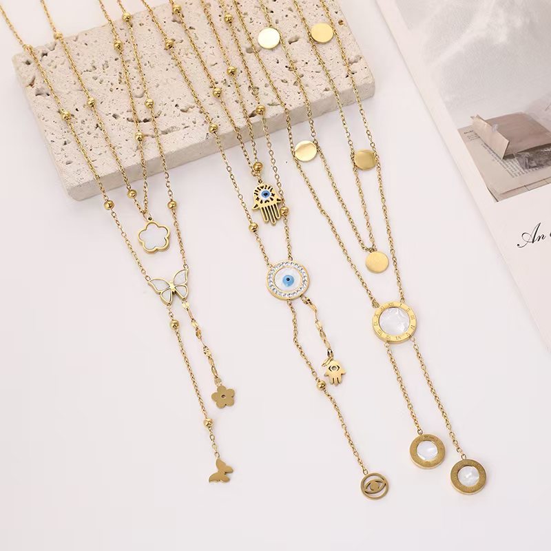 欧美新款不锈钢双层项链钛钢复古恶魔之眼项链天使之眼镶钻项链