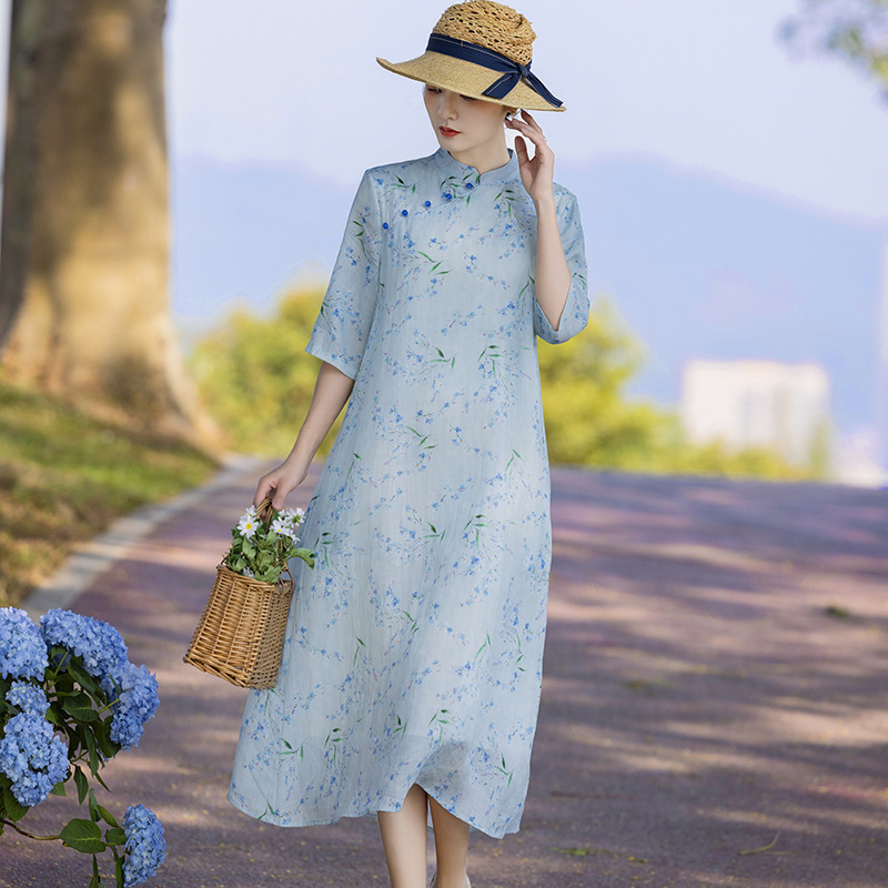 New Chinese style cotton linen women's Ramie dress 2024 spring and summer new stand collar National style retro improved cheongsam wholesale