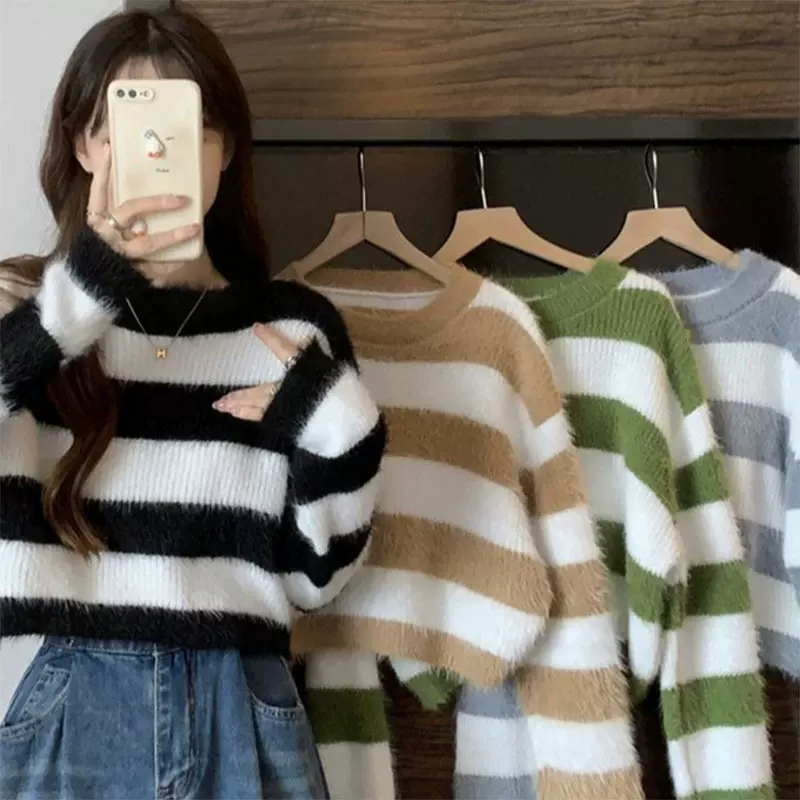 软糯慵懒风水貂绒毛衣针织衫上衣女学生秋冬季宽松设计感圆领批发