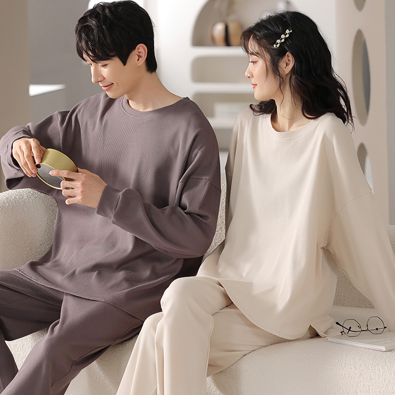 Waffle pijamas de manga larga de algodón de las mujeres nueva primavera y el otoño más el tamaño simple prendas de vestir exteriores pareja desgaste del hogar traje de los hombres