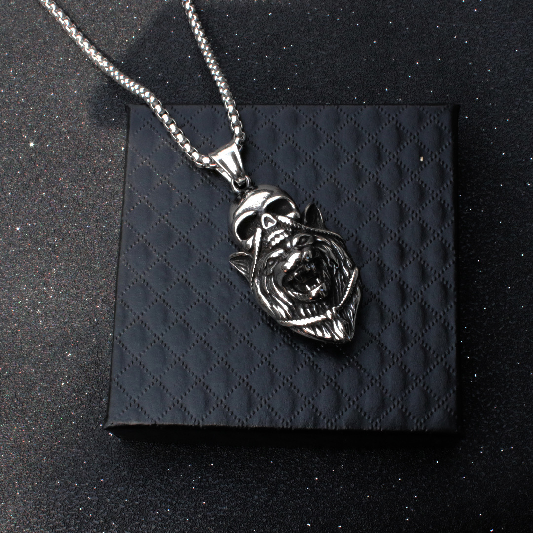 Collana in acciaio al titanio con teschio di leone in stile punk, con ciondolo a forma di cubo e croce, alla moda per uomo e donna_voghion.com