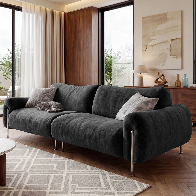 Retro gris oscuro sofá de tela de Chenille pie de madera perezoso sofá modular proyecto de decoración suave de toda la casa
