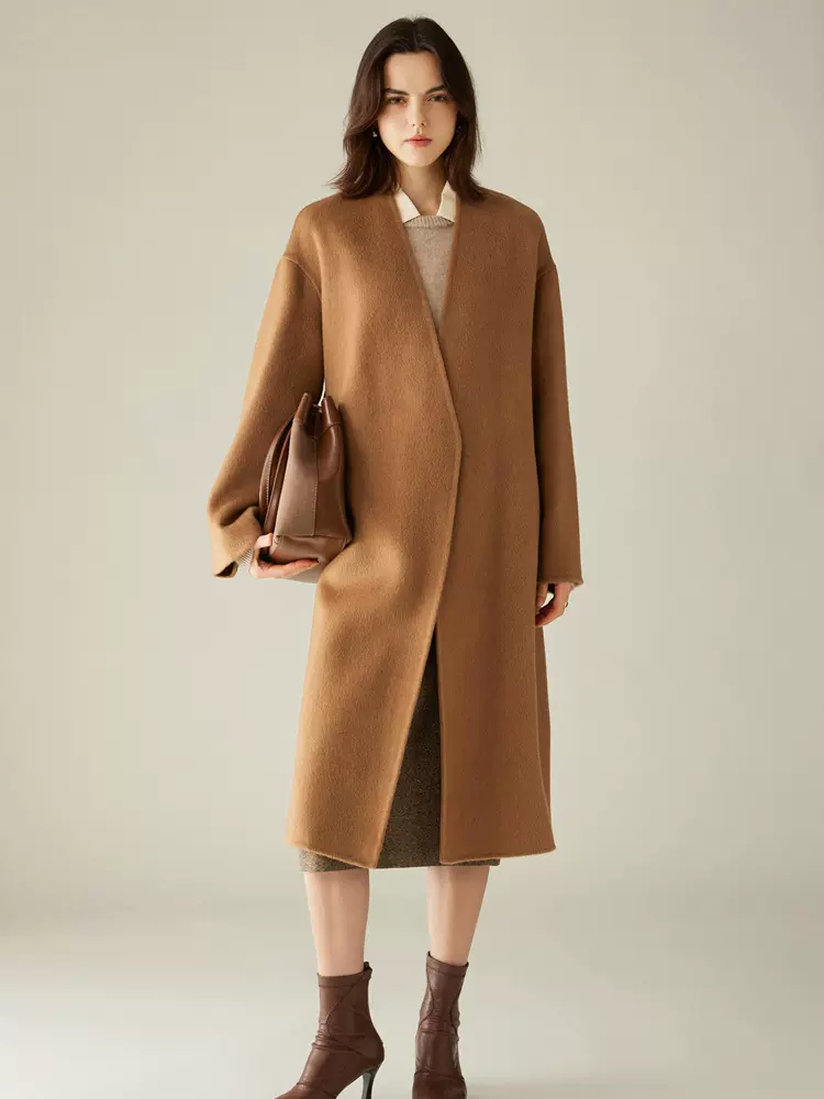 骆驼绒大衣女秋冬季气质新款高奢双面毛呢围巾驼色羊绒大衣外套