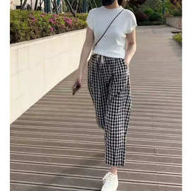 大码宽松黑白格子妈妈装九分裤女夏季休闲显瘦雪纺哈伦阔腿裤女款