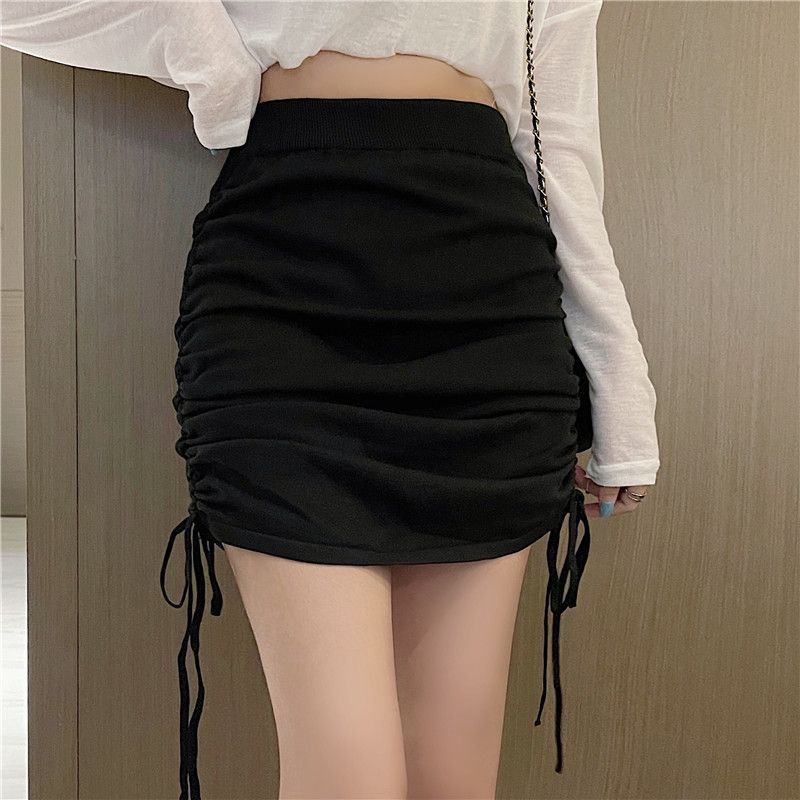 Solid Color Design High-Waisted Drawstring Hot Girl Skirt Women's Summer New Slim-Fitting Short Pure Lust Style Hip-Hugging Skirt Trendy
