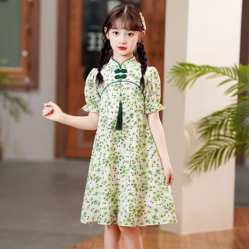 Girls' cheongsam floral summer dress baby thin style princess skirt children's summer wear Chinese style Hanfu fashion 