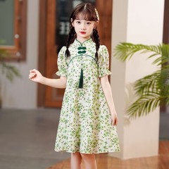 Girls' cheongsam floral summer dress baby thin style princess skirt children's summer wear Chinese style Hanfu fashion 