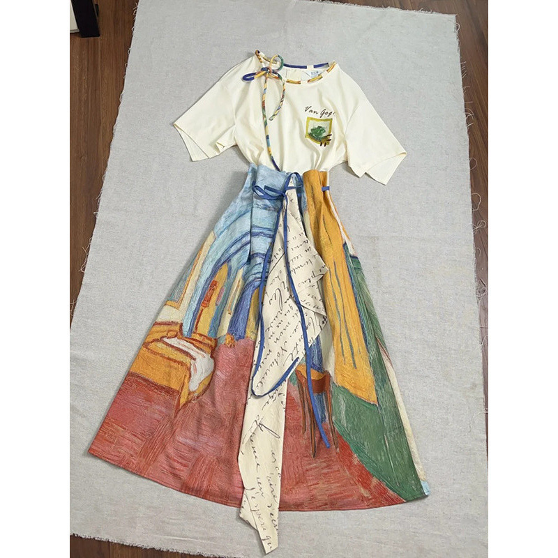 フレンチレトロ文学半袖Tシャツトップス不規則スカートレディース夏ゴッホ油絵風ウェア1|undefined