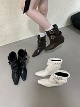 2025秋冬新复古辣妹内5CM铆钉裤管靴女尖头骑士靴中筒堆堆靴短靴