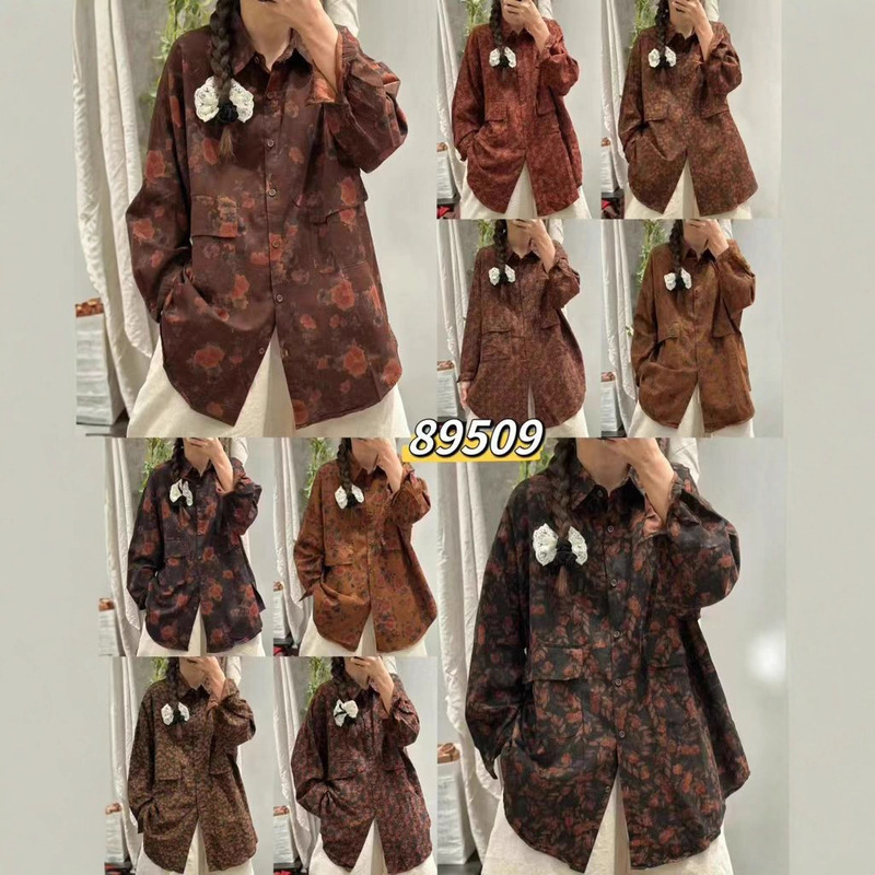 Cz89509 Retro Literary Printed Lapel Embroidered Shirt Jacket 2025 Autum New Loose Casual Top Cz89509 Retro Literary Printed Lapel Embroidered Shirt Jacket 2025 Autum New Loose Casual Top