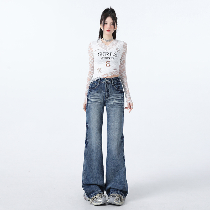 ​ ​ 2025 New High-Gloss Blue American Retro Low-Rise Flared Jeans for Women, Floor-Length Wide-Leg Pants Manufacturer
