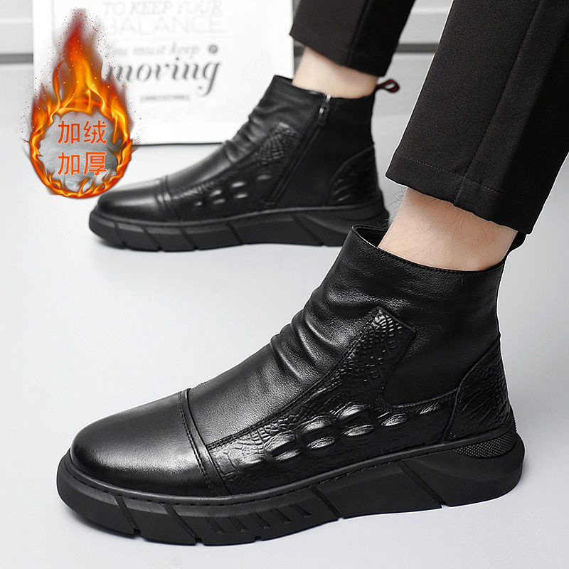 Botas Martin, zapatos de motocicleta con patrón de cocodrilo para hombre, herramientas de estilo británico, zapatos de moda coreanos para hombre, otoño e invierno más terciopelo para mantener el calor