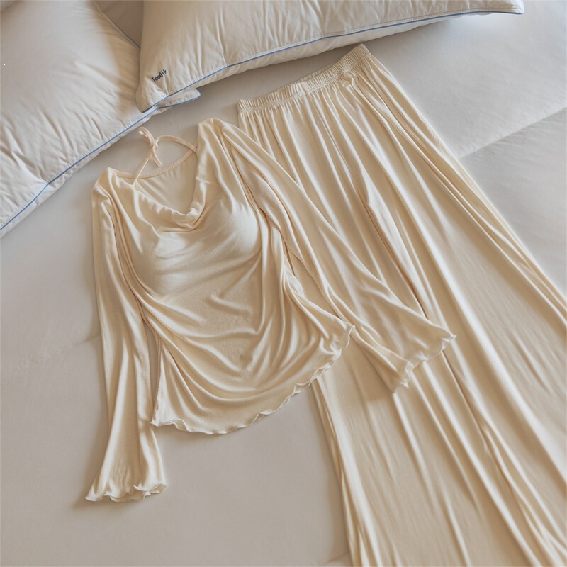 New Spring, Autumn, and Winter Modal Women's Pajamas with a Pure and Alluring Style, Flared Collar, Chest Pads, Slightly Flared Long Sleeves, Two-Piece Loungewear Set