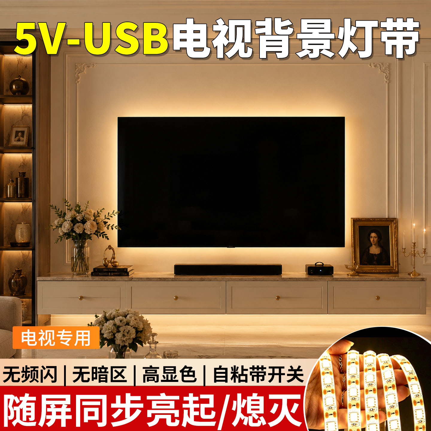 5V low-voltage TV background wall ambient light strip, super bright LED self-adhesive USB interface indoor computer decorative light strip