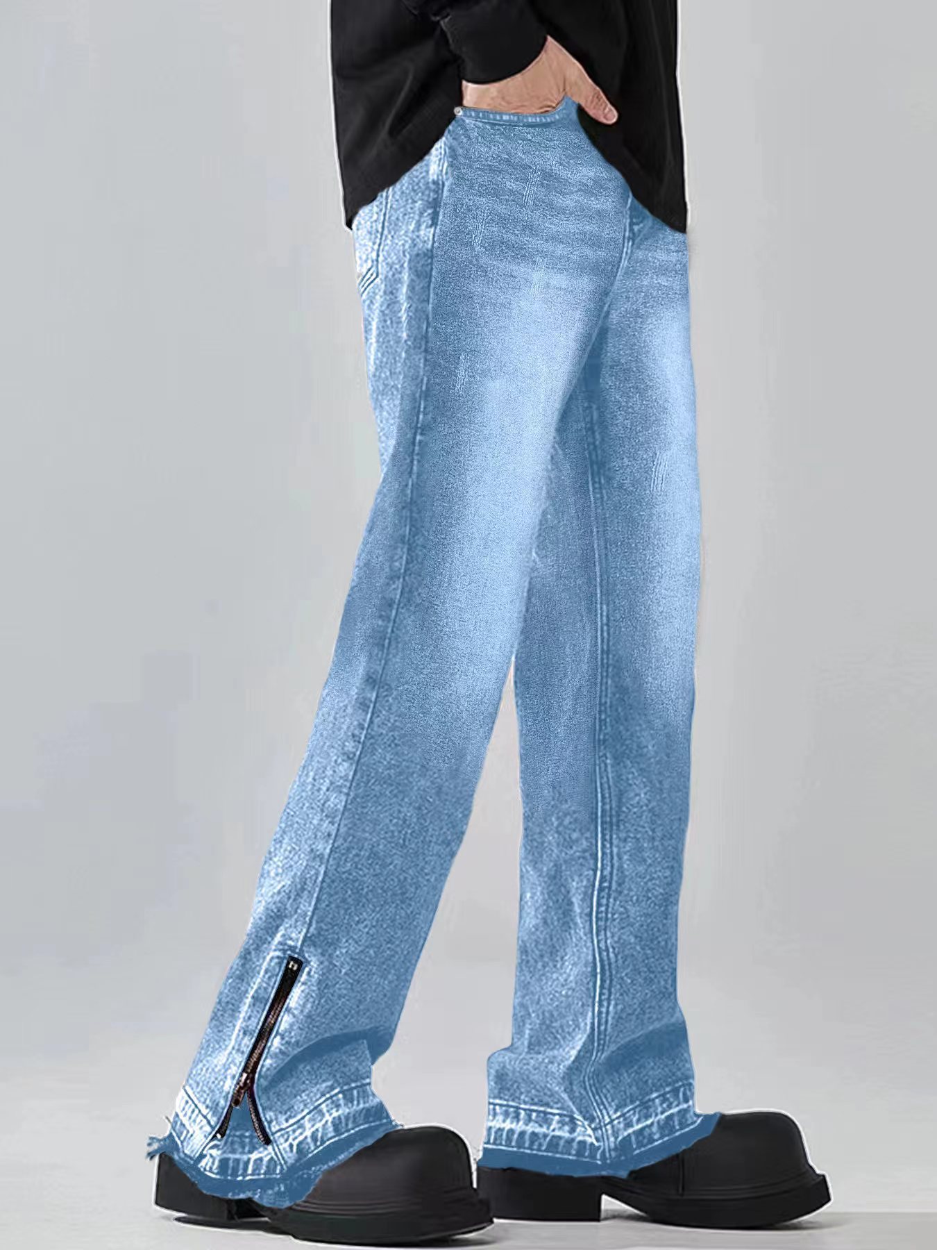 Men's Clothing Men's Trendy Light Blue Stretch Straight Leg Jeans Style High Street Slightly Flared Loose Fit Washed_mkmklike.com