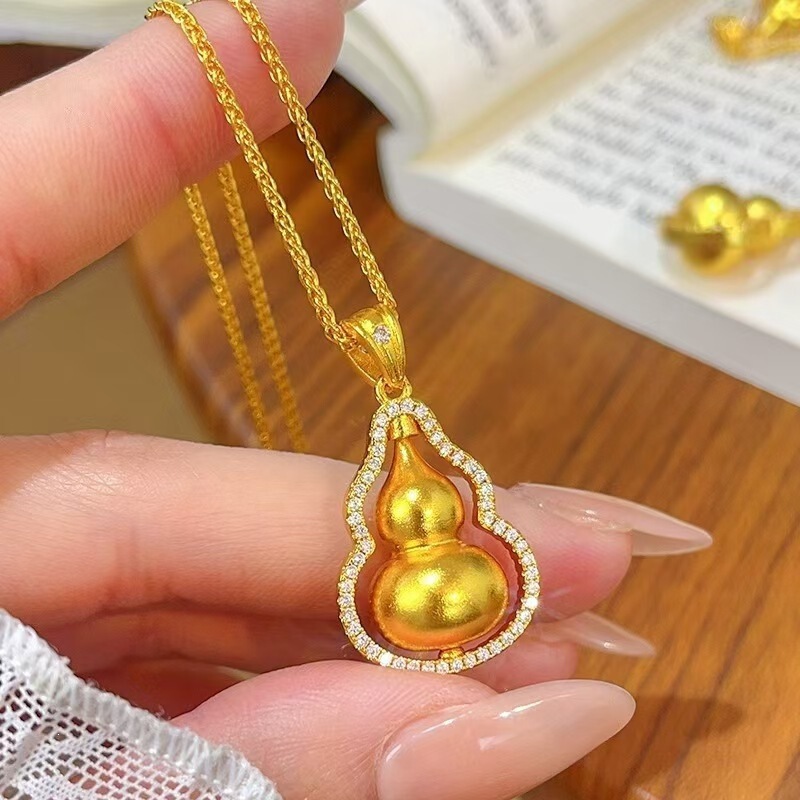 Weixue Style Double Gourd Pendant with Rhinestones, Gold Color Imitation Sand Gold Fortune Pendant, Sweater Chain Necklace Jewelry Wholesale