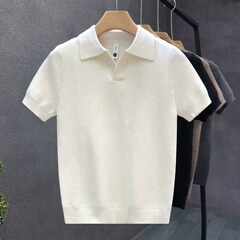 ファッションブランドは通常の夏の半袖ポロシャツ男性vネックストライプ標準ビジネスins中青年POLO襟