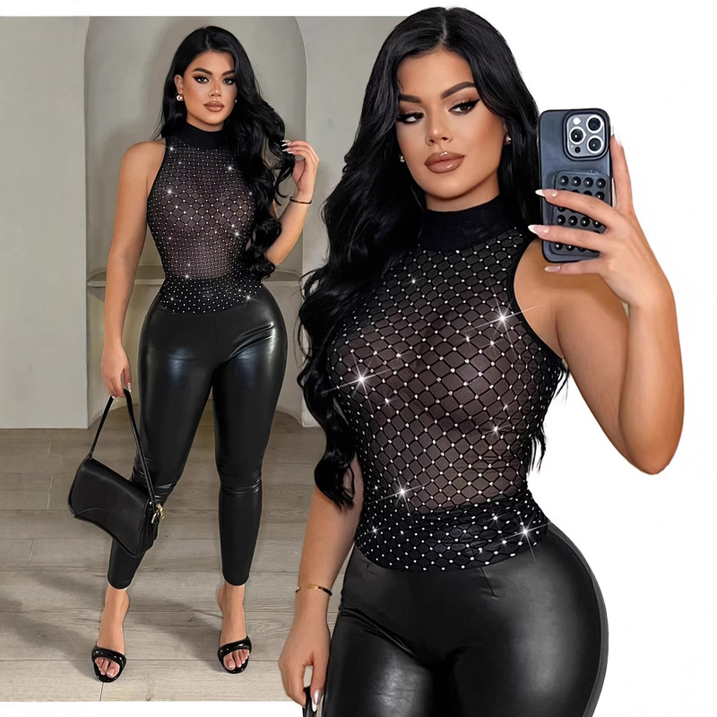 Foreign Trade Women's Fashion Sexy Black Stretchy Tight-Fitting Silver Thread Shiny See-Through Mesh Stand-Up Collar Camisole Foreign Trade Women's Fashion Sexy Black Stretchy Tight-Fitting Silver Thread Shiny See-Through Mesh Stand-Up Collar Camisole