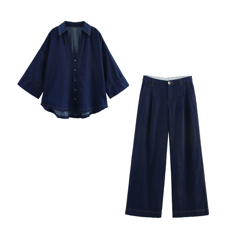 Foreign trade list! Spring and summer new European and American style women's fashion casual wide sleeve Denim shirt high waist pants 2783781 Foreign trade list! Spring and summer new European and American style women's fashion casual wide sleeve Denim shirt high waist pants 2783781