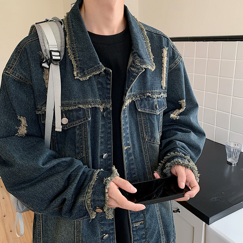 High Street Denim Coat American Autumn New Arrival Hong Kong Style Abraded Rouge Jacket Male Teenager Retro Jacket