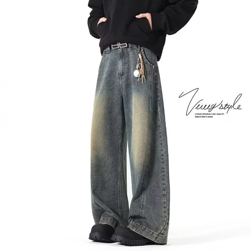 アメリカンワイドレッグシミタージーンズメンズパンツストレートレッグルーズフロアモップパンツメンズトレンディカジュアルワイドレッグシミターパンツ