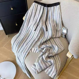 自留款推荐~松弛条纹阔腿裤女2025夏抽绳松紧腰直筒仿亚麻休闲裤