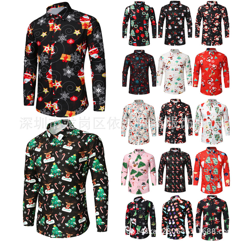2022 European and American Explosions Men's Santa Claus Printed Shirt Long Sleeve Men's Casual Fashion All-match Top 18 Color 2022 European and American Explosions Men's Santa Claus Printed Shirt Long Sleeve Men's Casual Fashion All-match Top 18 Color