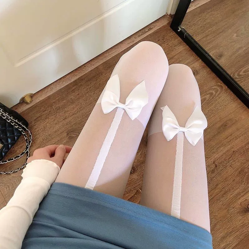 Носки до колена и прозрачные колготки, бантик, сексуальные knee‑high чулки весны — один размер