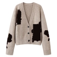 现货2025冬季新款宽松休闲撞色花卉提花V领针织开衫女 MBE4CAR002