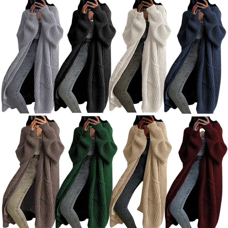 Cross-Border New Sweater European and American Solid Color Knitted Casual Long-Sleeved Cardigan Cross-Border Mid-Length Loose Pocket Jacket for Women