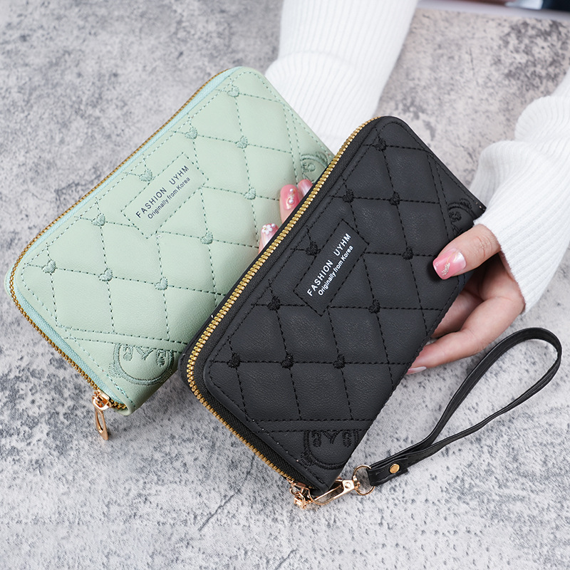 Cartera larga de mujer con cremallera única, bordado de color sólido, bolso embrague multifuncional de gran capacidad para teléfono móvil