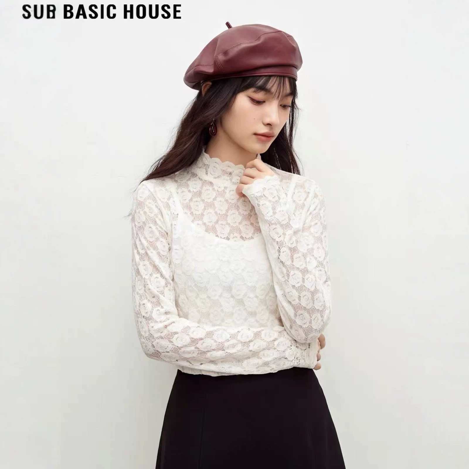 J2 Solid Color Lace Base Layer Top for Women, European Style, Layered Blouse, Mesh Long-Sleeved Top 8028