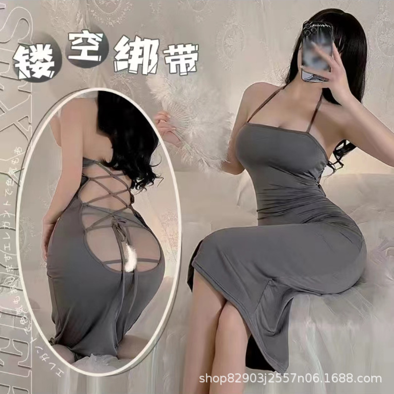 Zhizhimei Women's Ice Silk Long Skirt Sexy Cut Out Beautiful Back Temptation Lace-Up Long Skirt Hot Pajamas Uniform Suit