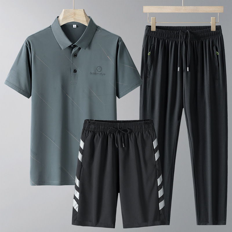 Camiseta de verano de papá camiseta de hielo de manga corta de mediana edad juego deportivo abuelo ropa de hombre papá polo casual conjunto de tres piezas