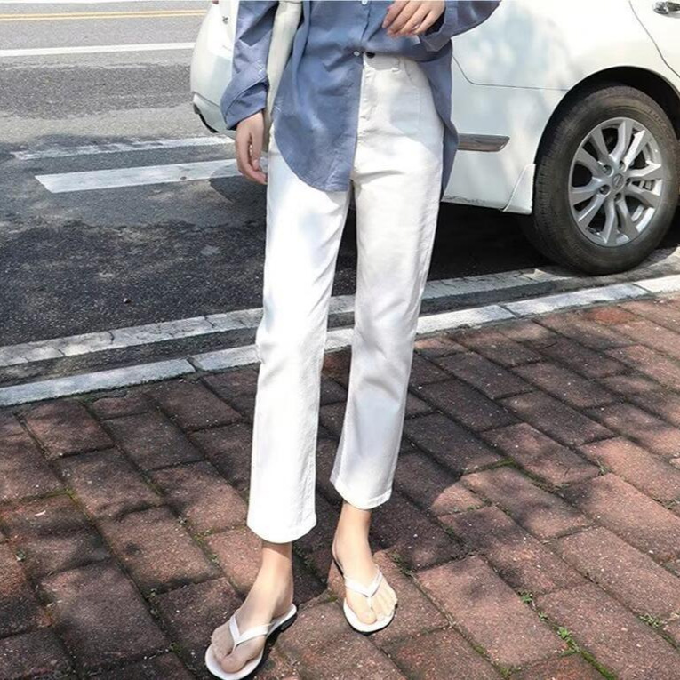 Korean Style High-Waisted Straight Jeans for Women in Spring and Summer New Trendy Brand Loose White Versatile Slimming Look Cigarette Pipe Nine-Point Pants Korean Style High-Waisted Straight Jeans for Women in Spring and Summer New Trendy Brand Loose White Versatile Slimming Look Cigarette Pipe Nine-Point Pants